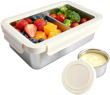 YINGRACE Stainless Steel Lunch Box Container for Adult, 42oz/1250ml Leak Proof Bento Box, Microwave-Safe with Removable Divider, Clear Airtight Lid Lunchbox for Work, Hike, Travel, Silver - Thumbnail 2