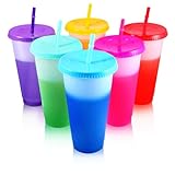 EASEVE Vasos que cambian de color con tapas y popotes, paquete de 6 vasos de plástico reutilizables de 24 onzas con tapas y popotes para fiestas de adultos y niños, vasos a granel para café helado, té