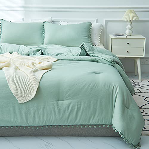 Aikasy Sea Green Fringe Queen Comforter Set - 3 Pieces, Extra Soft Washed Microfiber Bohemian Boho Chic Bed Comforter With Shams, All-Season Reversible (1 Comforter+2 Pom Pom Pillow Shams,Queen) #TOP1