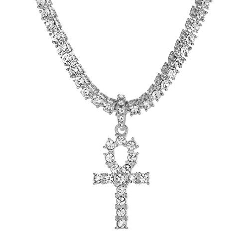 putouzip Men Ankh key Pendant, 18k Gold Plated Fully Iced Out Rhinestone Tennis Chain Necklace