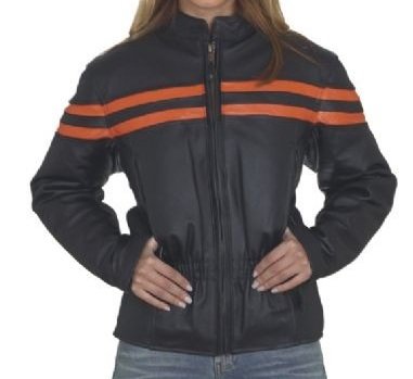 Women's Vented Leather Motorcycle Jacket, Orange Stripes (Size S, SM, Small)