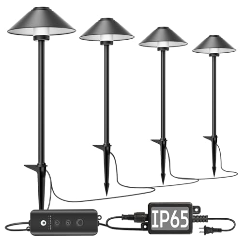 Banord 4 Pack Dusk to Dawn Outdoor Pathway Lights，Dimmable LED Landscape Path Lights, Timer & Memory Function, IP65 Waterproof Wired Low Voltage Landscape Lighting with Transformer by Banord - Used condition - US$66.49