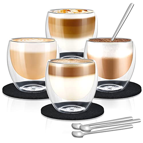 Cieex Ensemble Verre Double Paroi de 250ml 4pcs Tasse à Café Double Paroi pour Cappuccino Latte Macchiato Lait et Thé