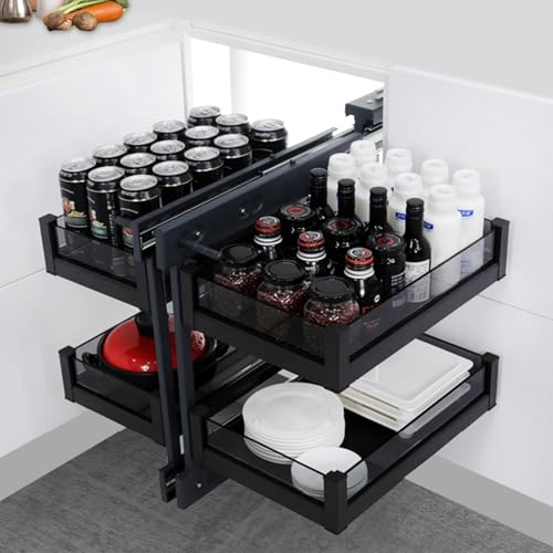 Wysuwany organizer na półki, organizer narożny do szafek kuchennych, dwupoziomowy z 4 półkami, miękkie zamknięcie, minimalne otwarcie, 30 cm, kompatybilny z lewym i prawym otwarciem