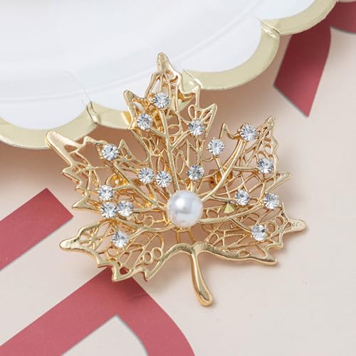 Image of Fashion Maple Leaves Crystal Brooch for Women Men Pearl Gold-Tone Plated Leaf Flower Brooches Rhinestone Lapel Pin Brooch Court Wedding Party Autumn Fall Thanksgiving Accessories Jewelry Gifts Decoration