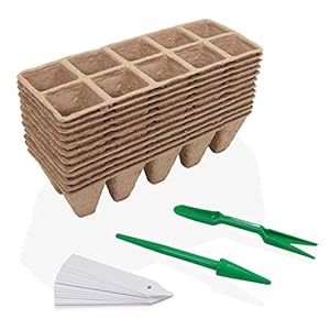 Emerden 12 Pack of 10 Cell Peat Pots – Eco Friendly Biodegradable Plant Starter Trays for Vegetables and Flowers – Complete with Seedling Shovel and Digger and 10 Plastic Plant Labels.