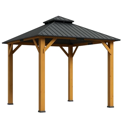 Outsunny 3x(3) M Outdoor Hardtop Gazebo Canopy with 2-Tier Roof and Solid Wood Frame, Outdoor Patio Shelter for Patio, Garden, Grey