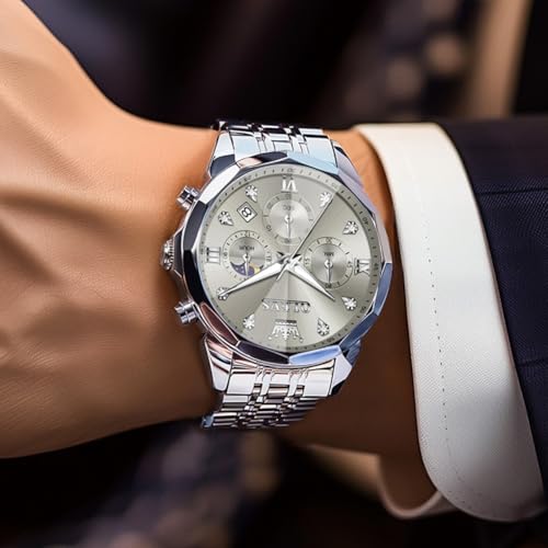 Image of OLEVS Watch for Men Luxury Gold Diamond Chronograph Business Wristwatch with Analog Quartz, Date Calendar, Stainless Steel Band, Luminous Hands, Waterproof