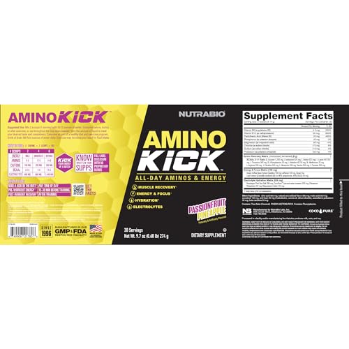 Image of NutraBio Amino Kick - BCAA Powder with Natural Caffeine - Amino Acids Supplement for Energy, Hydration & Recovery - BCAAs, Electrolytes & Amino Acids - Pineapple Passionfruit, 30 Servings