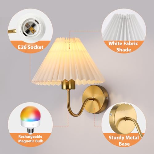 Image of Battery Operated Wall Sconces Set of 2, Gold Wireless Rechargeable Wall Sconces with Remote Control & Magnetic Bulbs, Dimmable 15 Colors Pleated Shade Wall Lights for Bedroom, Living Room Decor Gift