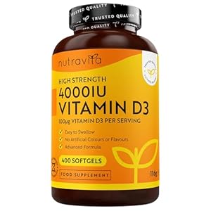 Vitamin D3 4000 iu – 400 High Strength Easy to Swallow Premium Softgels – Over A Year’s Supply – Max Strength Vitamin D3 Cholecalciferol Supplement – Manufactured in The UK by Nutravita