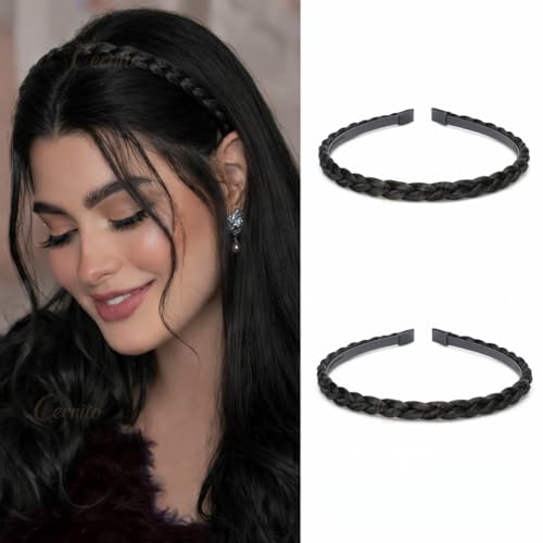 Image of Cerrito Synthetic Braided Hair Headband Set of 2 | Plaited Wig Band with Teeth Hairband For Woman | Elastic Headband For Extension, Ponytails, Bun & Juda | Hair Accessories for Women & Girls (Black)