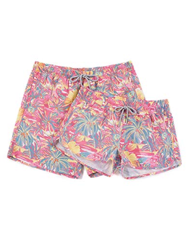 SURF CUZ Swim Shorts for Couples Quick Dry Swimwear (Pink - Palm, Large)