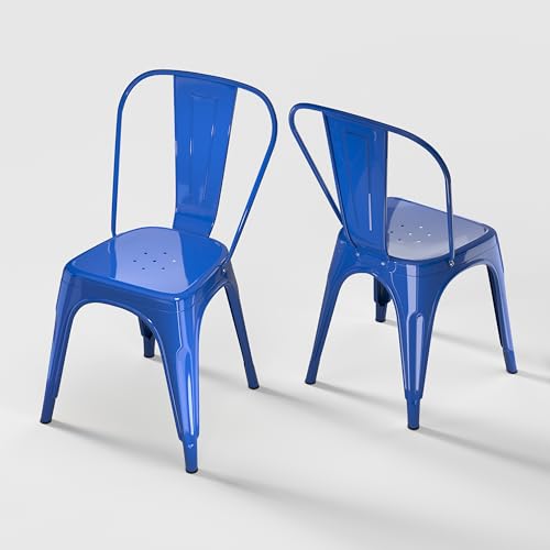 Image of Metal Dining Chairs with Backrest, Stackable, Blue, 2 Pack | Easy Assembly, Non-Slip Feet, 330 lb Capacity, Kitchen, Restaurant, Cafe, Pub, Covered Patio