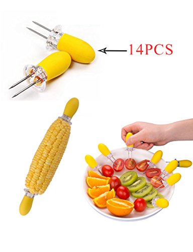 Fashionbabies Juego de 14 tenedores para maíz enclavamiento Tenedor para alimento y fruta en acero inoxidable para barbacoa Tenedores