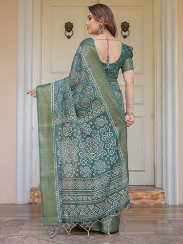 Image of ALMAARI FASHION Floral Printed Cotton Saree for Women with Handloom Zari Weave, Traditional Lightweight Ethnic Saree for Wedding Festive Office Party with Blouse Piece (LINEN 81-90 SH)