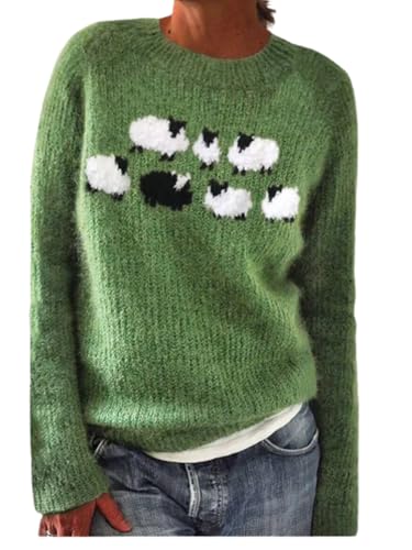 Womens Argyle Vintage Pullover Sweaters Winter Fall Sheep Casual Loose Long Sleeve Knitted Sweater Tops Green m