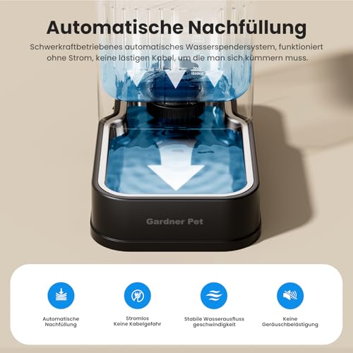 Gardner Pet 6.5L Automatischer Wasserspender, Schwerkraft-Tränke mit Edelstahlschüssel, Futterautomat für Hunde und Katze, große Kapazität Futterspender, BPA-frei, Keine Elektrizität, geräuschlos