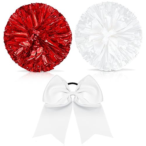 Set of 3 12 Inch Cheerleading Pom Poms and Large Cheerleader Ponytail Bow Holder for Girl Large Metallic Cheerleader Pom Poms for Sports Team Cheering (Red and White, White)