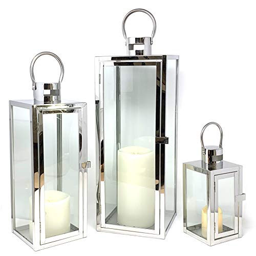 Allgala 3-PC Lantern Set 23 Inch Jumbo Deluxe Modern Indoor/Outdoor Candle Lantern Set Stainless Steel Frame Tempered Glass Rectangular Silver Chrome Color for Garden Poolside Fireplace Wedding