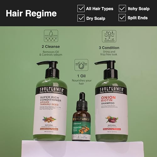 Image of Soulflower Moroccan Argan Oil for Light Oil for styling for Frizzy, Dry & thin hair, Hair Growth, Hair Fall Control for Men & Women |100% Pure, Organic & Natural, Rich in Omega 3, Vitamin E | 30ml