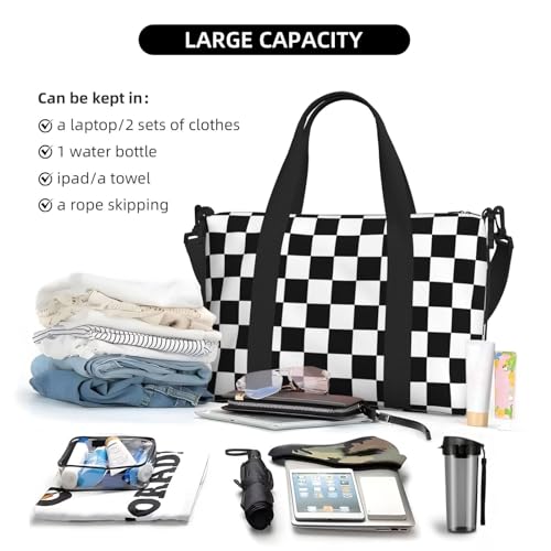 Chessboard Checkerboard Black White Print Travel Duffle Bags for Women, Personal Item Overnight Weekender Sport Carry On Gym Bag for Men Women4