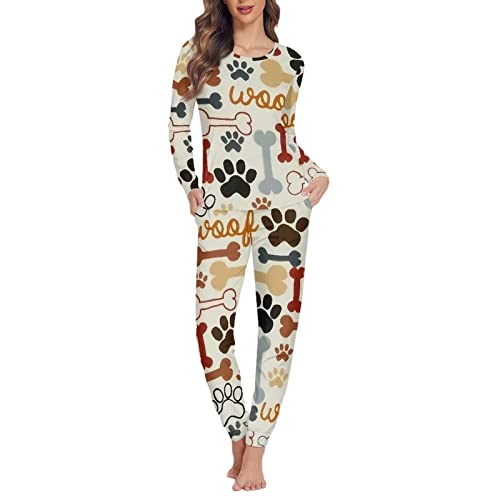 Jndtueit Damen Schlafanzug Set mit Tasche Langarm Nachtwäsche Plus Size, Bunte Hundepfote., XS
