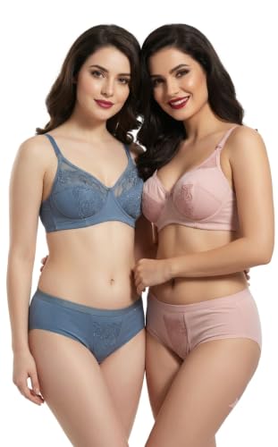 Image of Combo Pack of 2, Premium Women's Cotton Rich Non-Padded Wire-Free Lingerie Sets | Full Coverage Bra & Low Rise Panty with Lace Work | Bra Panty Sets