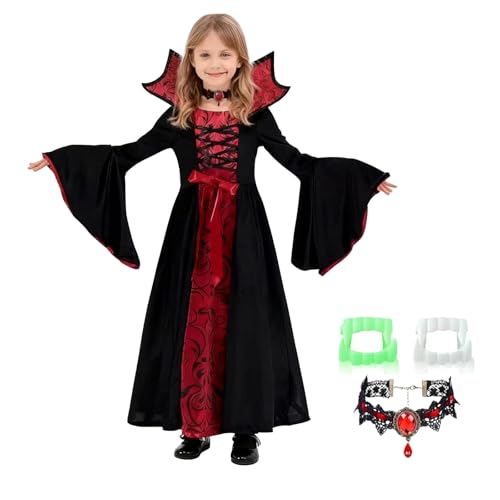 MIVORA Disfraz Vampiro Niña, Halloween Vampiresa, Disfraz Vampirina con collar, Vestido Fiesta para Halloween Carnaval Cosplay (M)
