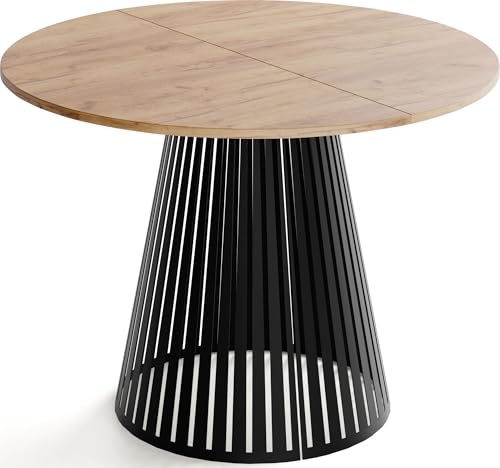 WFL GROUP Esstisch Rund Ausziehbar mit Lamellen im Loft-Stil – 120 bis 200 cm – Industrieller Tisch mit Schwarzen Metallbeinen, Platzsparend für Wohnzimmer oder Esszimmer – Braun