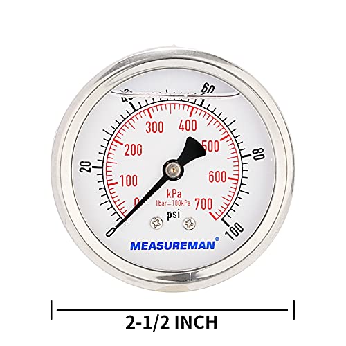 Measureman 2-1/2Inch Dial Size, Glycerin Filled Pressure Gauge, 0-100Psi/Kpa, 304 Stainless Steel Case, 1/4 Inch Npt Center Back Mount #TOP4