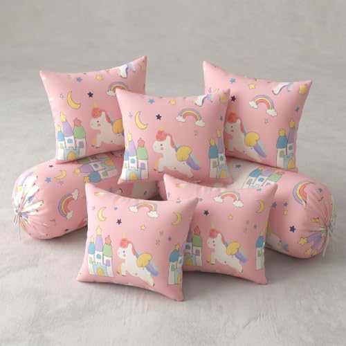 Image of Filymore Pink Star Unicorn Kids Fitted Diwan Set 8 Pieces - Microfiber Diwan Bedsheet Set with 5 Cushion Covers & 2 Bolster Covers | Soft Unicorn Print Diwan Cover Set for Girls Room