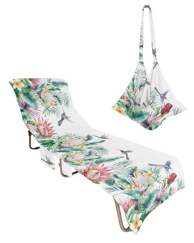 Pastoral Botanical Beach Lounge Chair Towel Cover, Soft Chaise Lounge Towel with Side Pockets Patio Pool Chairs Cover for Beach/Pool Sunbathing 29x85 Summer Tropical Plants Flowers Birds