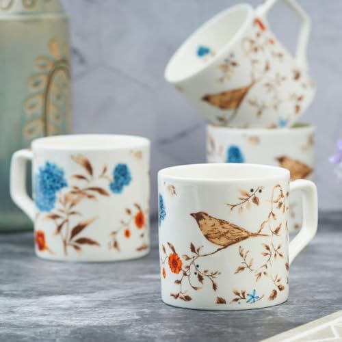Image of GOLDEN QUEEN'S Bone China Microwave Safe Coffee & Tea Cups - Set of 6 | Perfect for Daily Use | 200 ml - Birdsong