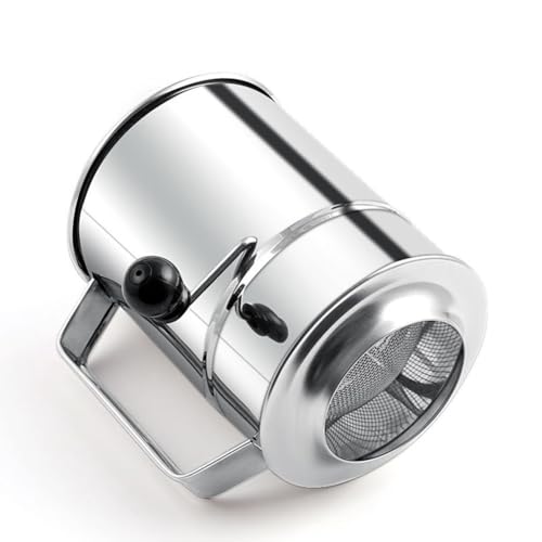Kivivaka Colador de harina de acero inoxidable con mango giratorio para tamizar fácilmente, capacidad de 8 tazas, tamiz de malla fina para hacer pasteles, hornear y quitar el polvo
