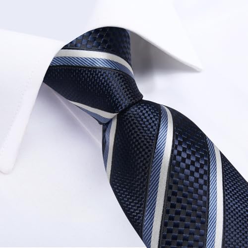 Image of DiBanGu Striped Tie Set for Men Silk Woven Plaid Necktie and Pocket Square Cufflinks Business Wedding