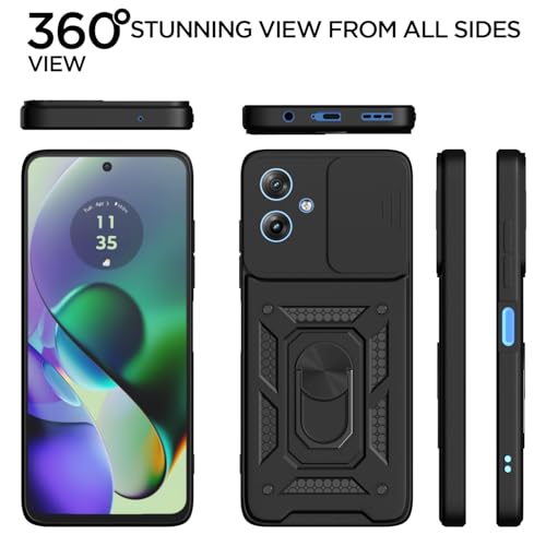 Image of Pikkme Back Cover for Motorola Moto G54 5G / G64 5G | 360 Protection Case | Sliding Camera Shield Cover & Ring Holder Stand D10 Tough Armor Bumper Case (Black)