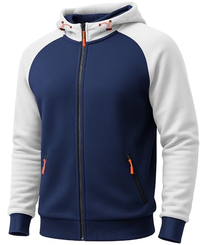 Elainone Men's Zip Up Hoodie Fleece Lined Colour Block Warm Sweatshirt with Pockets for Outdoor Hiking Walking Gym Fade-Resistant Regular Fit UK Size M-3XL Navy Blue