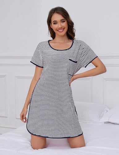 Image of VibeVista Cotton Nightgowns for Women Summers Striped House Dresses Short Sleeve Crew Neck Sleepwear Sleepshirts Sleep Dress