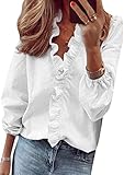 BOFETA Womens Deep V Neck Tops Long Sleeve Solid Color Shirts Ruffle Blouse White L