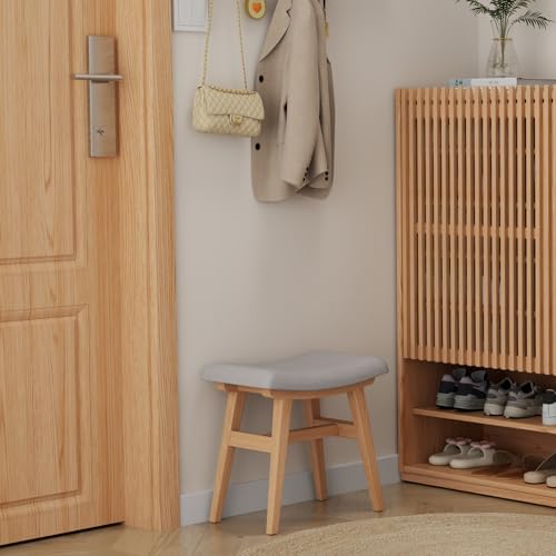 Image of Wooden Vanity Stool, Makeup Small Bench Seat Solid Wood with Upholstery Saddle Seat Stools Concave Ergonomic Chair Easy to Install for Bedroom Wooden Vanity Chair, Wooden Stool 16 inch log Color