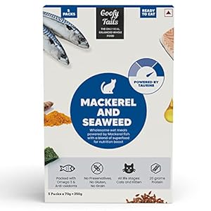 Goofy Tails Wet Cat Food and Kitten Food, Mackerel and Seaweed 350g (70g X 5 Pouches), Preservative Free, Gluten & Grain Free, Balanced Cat Wet Food, Powered by Taurine with Omega 3 & Antioxidants