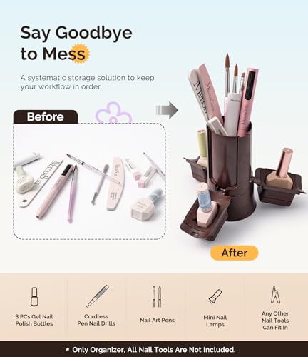 Image of MelodySusie GelCarousel for Nail Polish Bottle Holder and Nail Art Tools Organizer, 360 Rotating Storage Container with 3Pcs Detachable Silcone Gel Polish Holder, Brown(Only Box)