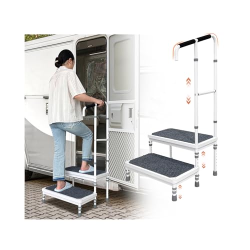 Image of Mybow Stepping Stool for Adults, Two Step Stool with Handle, Mobile Home Stairs, SUV Car RV Steps with Handrail, Medical Step Ladder for Handicap, Heavy Duty Step Up Platform, Adjustable Foot Stool