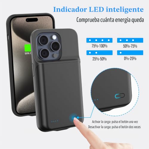 Funda batería para iPhone 15 Pro Max cargador portátil negro recargable de 8500mAh 3