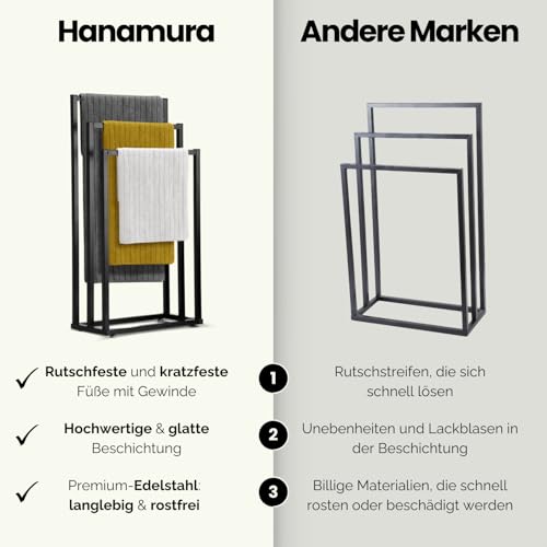 Hanamura Handtuchhalter Stehend – Schwarzer Handtuchständer mit 3 Stangen – Rutschfest & Kratzfrei – Platzsparender Handtuchhalter für das Badezimmer