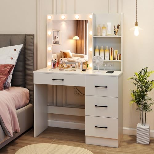 CHARMAID Vanity Desk with Mirror and Lights, White Makeup Vanity Desk with 4 Large Drawers, 2 Storage Shelves, Charging Station, 3-Color Lights Adjustable, Modern Vanity Dressing Table for Bedroom