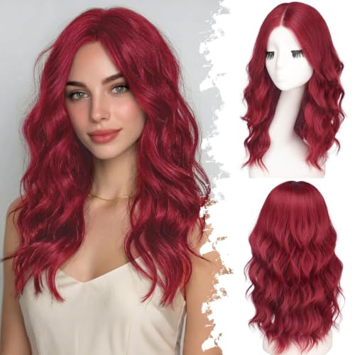Image of Eawwii Wigs for Women Berry Red,Short Wavy Synthetic Lace Wig