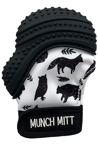 Image of Malarkey Kids Patented Teething Mitten, Munch Mitt Baby Chew Toy - Protects Hands from Chewing & Saliva, Heals Aching Gums, Promotes Sound & Visual Stimulation for Babies - Night Forest