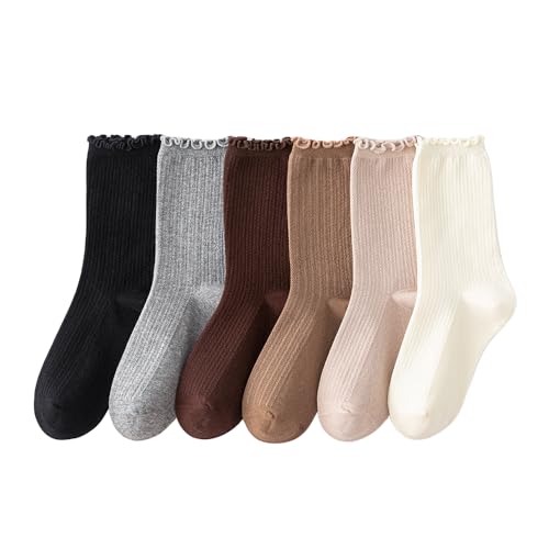6 Pairs Women's Crew Socks - Cute Ruffle Lettuce Edge, Aesthetic Turn-Cuff Design, Breathable Cotton Socks, Fits Shoe Size 5-9